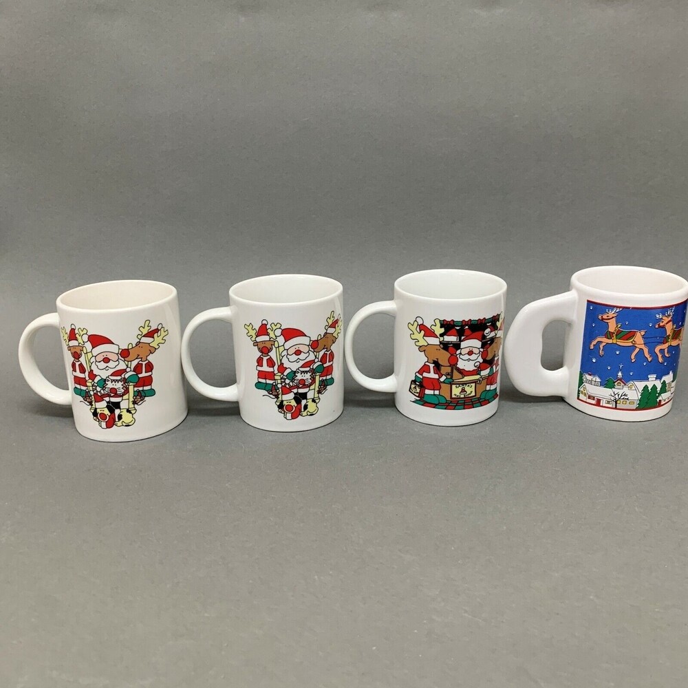 Sanyei Coffee Cups Christmas Santa Claus Reindeer Multicolor 3 3/4" Lot of 4